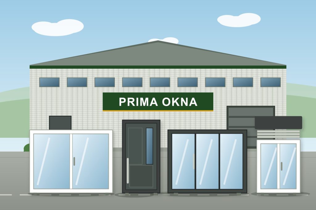 Hala PrimaOkna, przed nią ekspozycja okien i drzwi